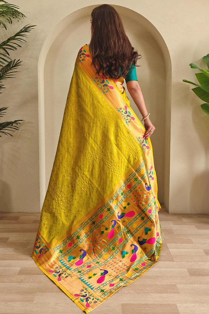 Resplendent Mehndi Paithani Silk Saree With Incredible Blouse Piece
