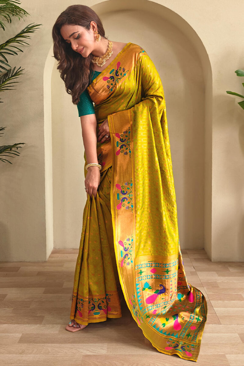 Resplendent Mehndi Paithani Silk Saree With Incredible Blouse Piece