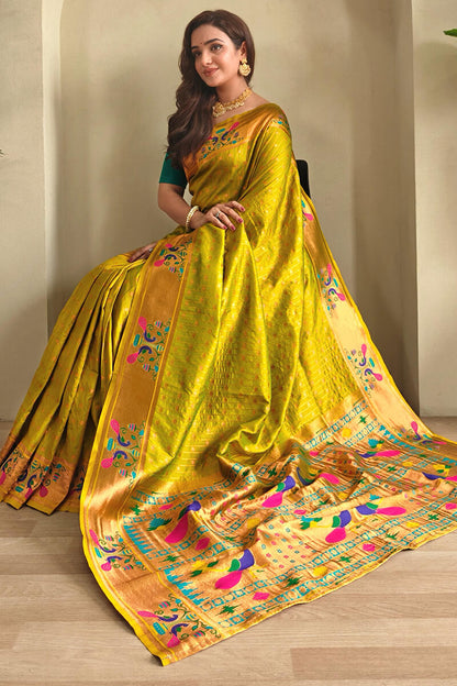 Resplendent Mehndi Paithani Silk Saree With Incredible Blouse Piece