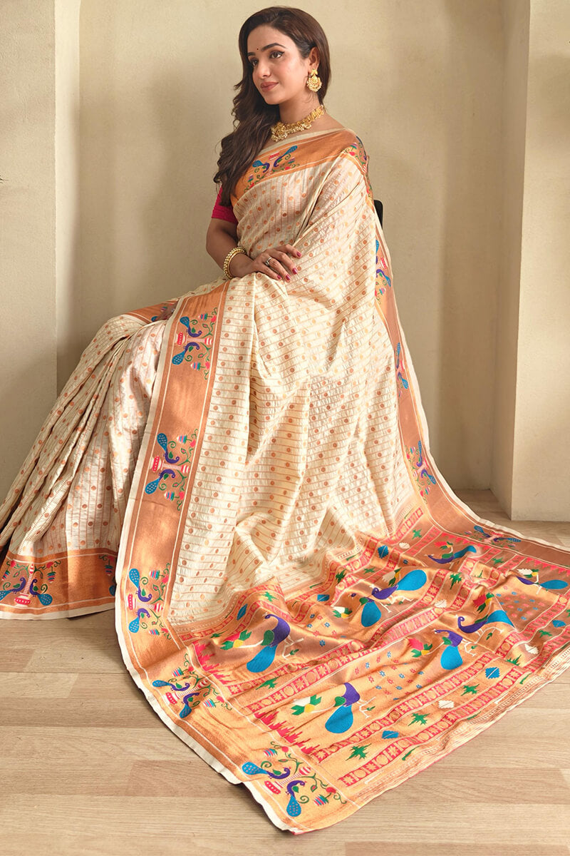 Forbearance Off White Paithani Silk Saree With Ideal Blouse Piece