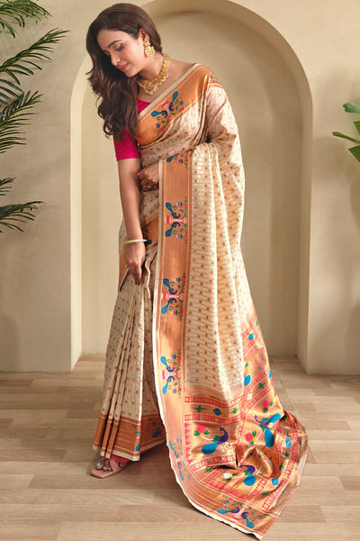 Forbearance Off White Paithani Silk Saree With Ideal Blouse Piece