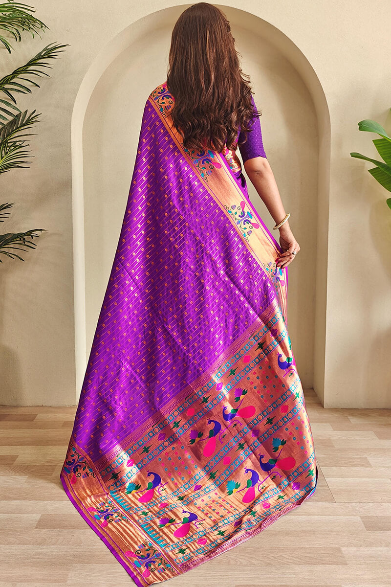 Adorable Purple Paithani Silk Saree With Bucolic Blouse Piece