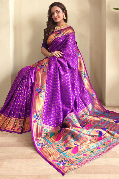 Adorable Purple Paithani Silk Saree With Bucolic Blouse Piece
