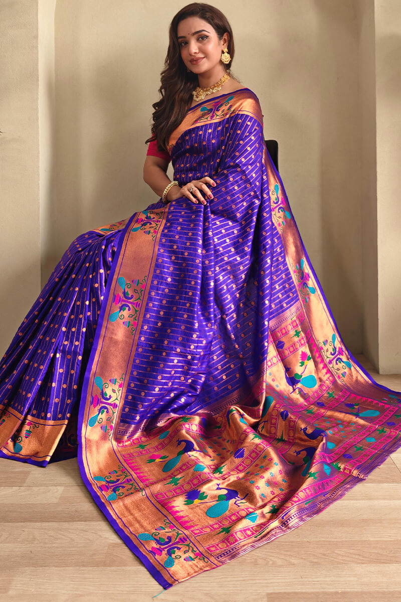 Smart Royal Blue Paithani Silk Saree With Fancifull Blouse Piece