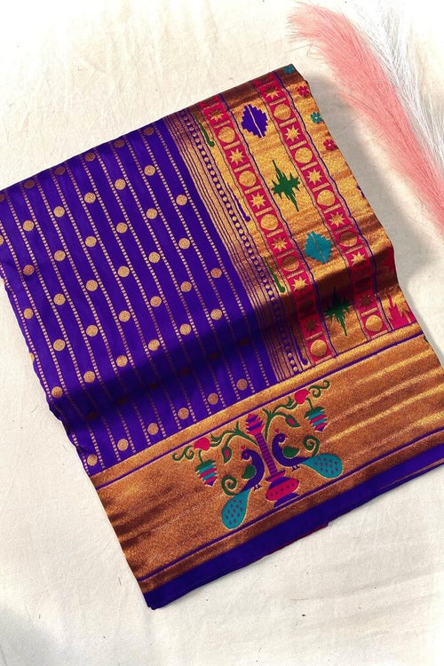 Load image into Gallery viewer, Smart Royal Blue Paithani Silk Saree With Fancifull Blouse Piece
