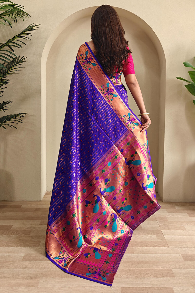 Smart Royal Blue Paithani Silk Saree With Fancifull Blouse Piece