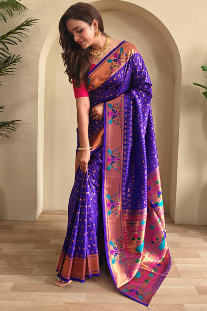 Smart Royal Blue Paithani Silk Saree With Fancifull Blouse Piece