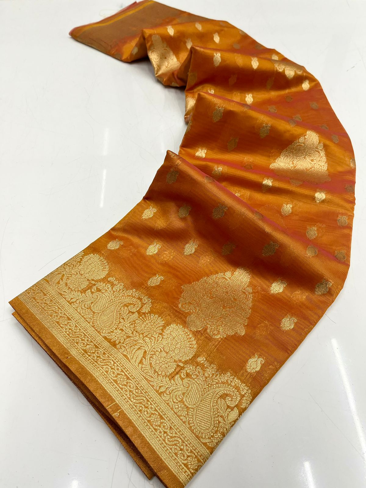 Exquisite Mustard Organza Silk Saree With Angelic Blouse Piece