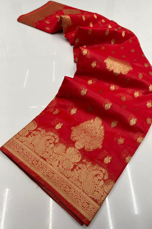 Load image into Gallery viewer, Gossamer Red Organza Silk Saree With Brood Blouse Piece
