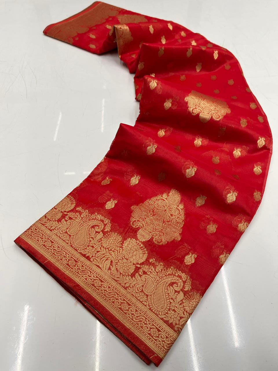 Gossamer Red Organza Silk Saree With Brood Blouse Piece