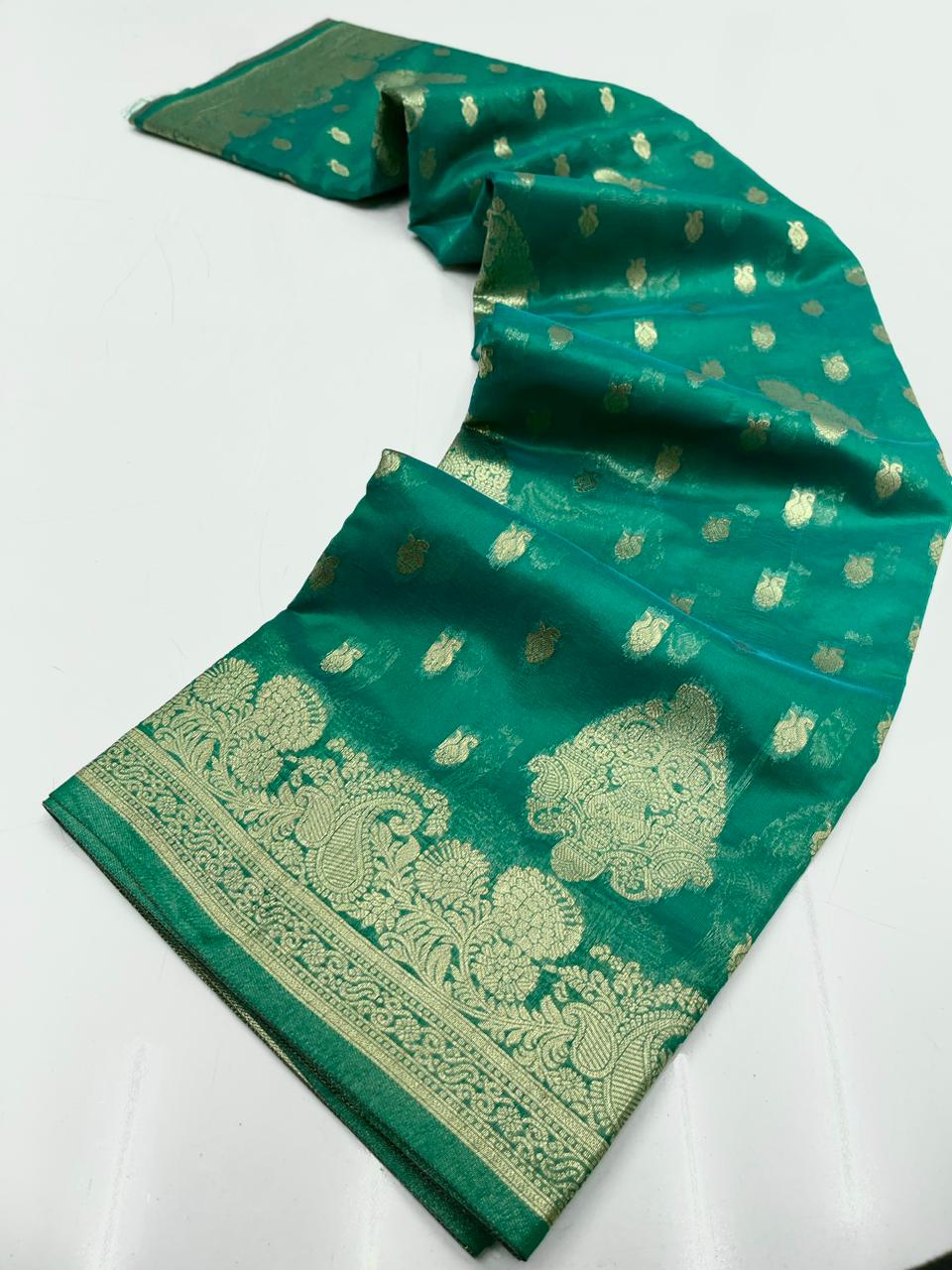 Fairytale Sea Green Organza Silk Saree With Radiant Blouse Piece