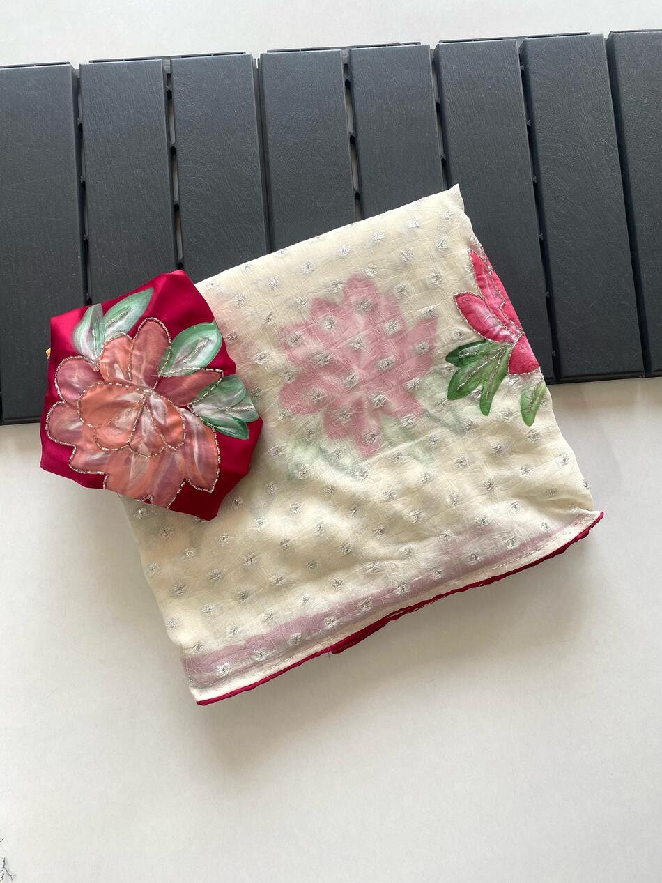 Comely Beige Handwork Crush Chiffon Silk Saree With Eloquence Blouse Piece