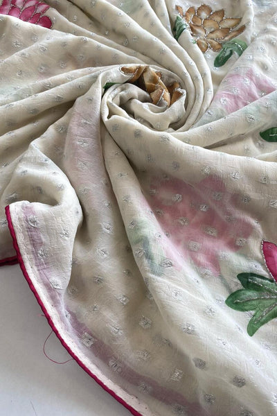 Comely Beige Handwork Crush Chiffon Silk Saree With Eloquence Blouse Piece