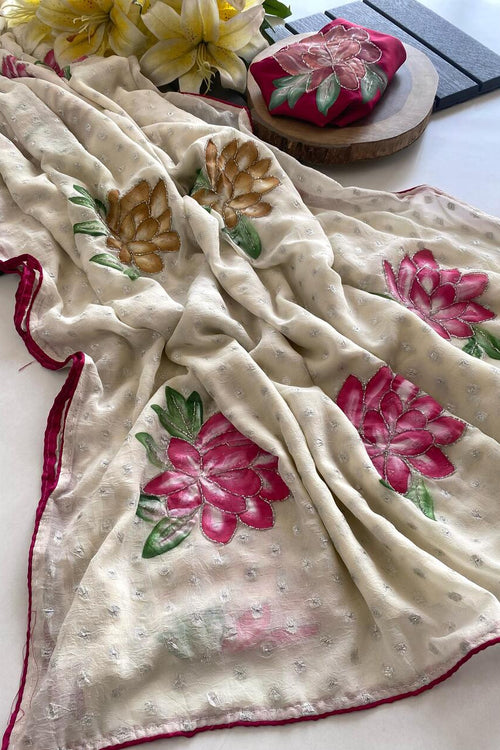 Load image into Gallery viewer, Comely Beige Handwork Crush Chiffon Silk Saree With Eloquence Blouse Piece
