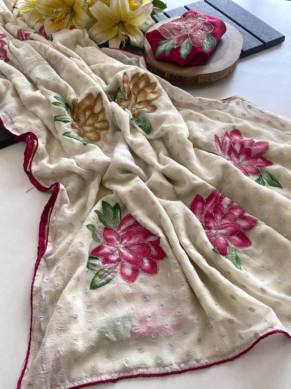 Comely Beige Handwork Crush Chiffon Silk Saree With Eloquence Blouse Piece