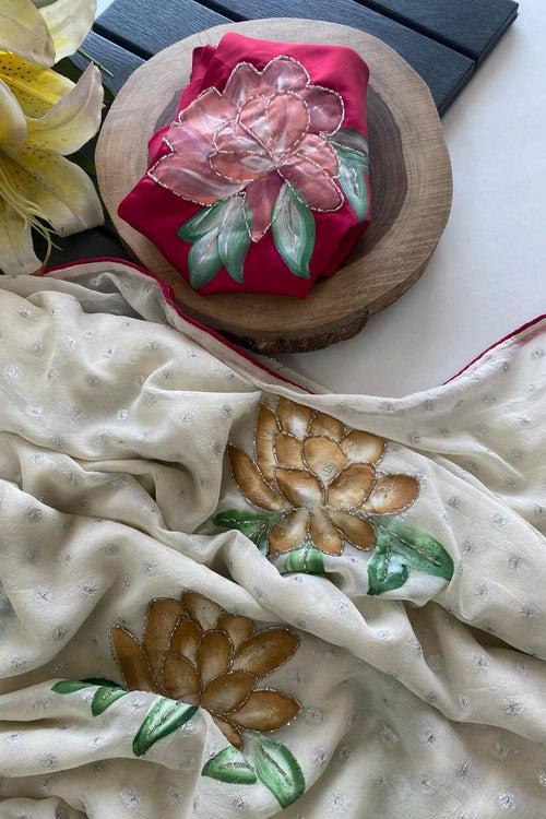 Load image into Gallery viewer, Comely Beige Handwork Crush Chiffon Silk Saree With Eloquence Blouse Piece
