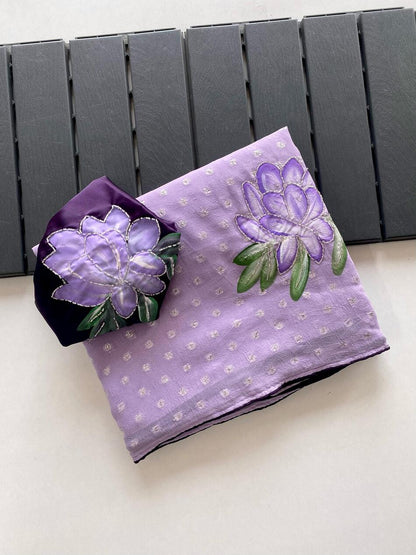 Amiable Lavender Handwork Crush Chiffon Silk Saree With Incomparable Blouse Piece