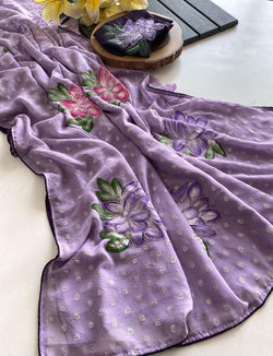 Amiable Lavender Handwork Crush Chiffon Silk Saree With Incomparable Blouse Piece