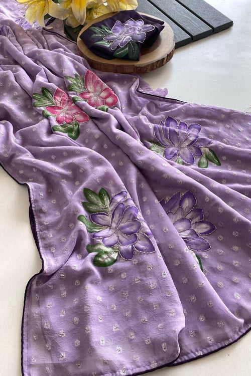 Load image into Gallery viewer, Amiable Lavender Handwork Crush Chiffon Silk Saree With Incomparable Blouse Piece
