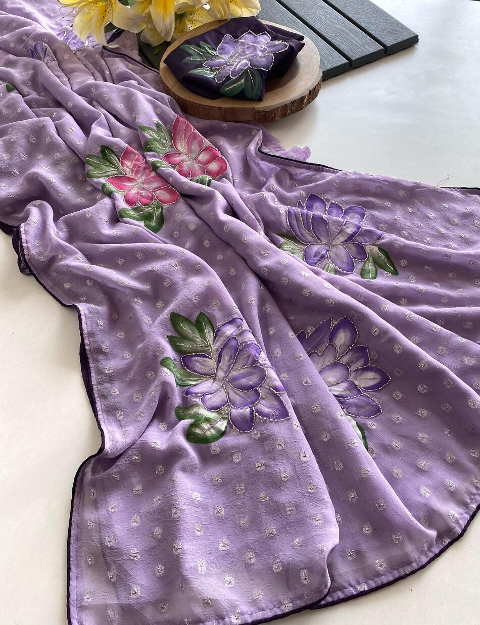 Amiable Lavender Handwork Crush Chiffon Silk Saree With Incomparable Blouse Piece