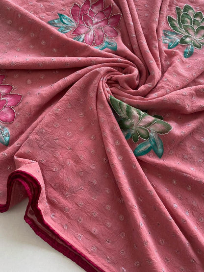 Ethnic Pink Handwork Crush Chiffon Silk Saree With Hypnotic Blouse Piece