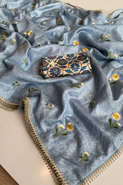 Bewitching Grey Embroidery Work Crush Silk Saree With Smashing Blouse Piece