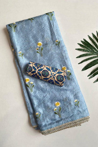 Bewitching Grey Embroidery Work Crush Silk Saree With Smashing Blouse Piece