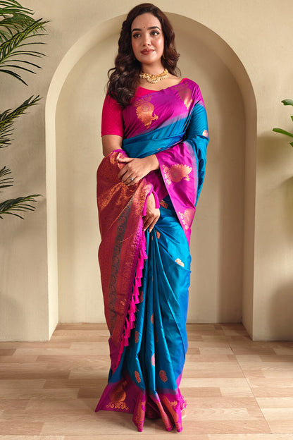 Elaborate Blue Soft Banarasi Silk Saree With Winsome Blouse Piece
