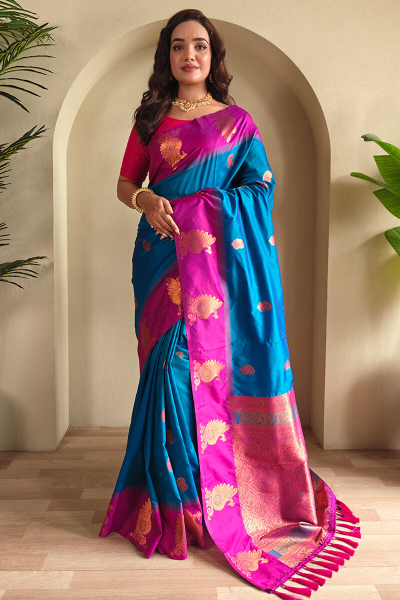 Elaborate Blue Soft Banarasi Silk Saree With Winsome Blouse Piece