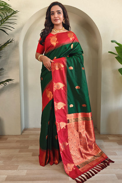 Dalliance Dark Green Soft Banarasi Silk Saree With Jubilant Blouse Piece