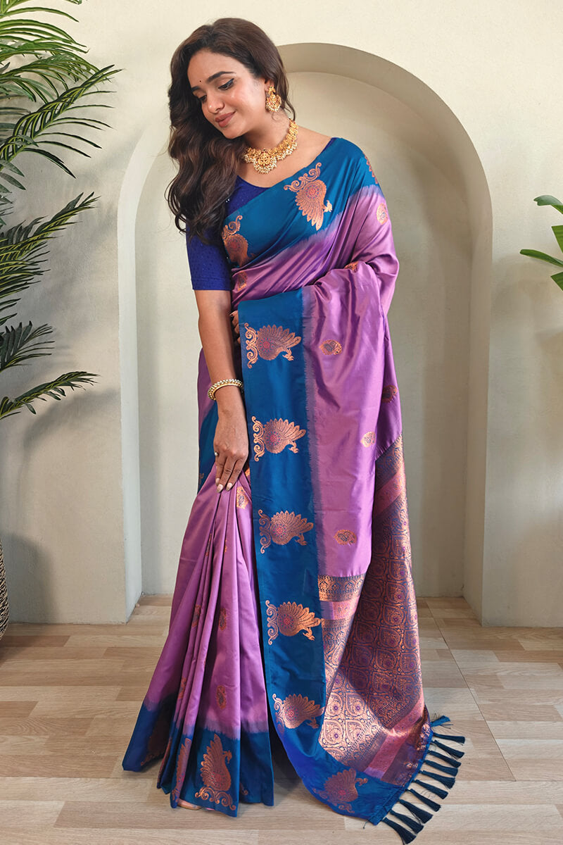 Breathtaking Lavender Soft Banarasi Silk Saree With Invaluable Blouse Piece