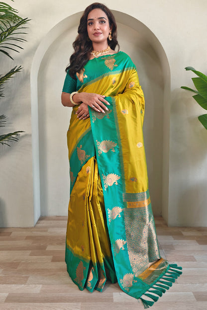 Chatoyant Mustard Soft Banarasi Silk Saree With Splendorous Blouse Piece