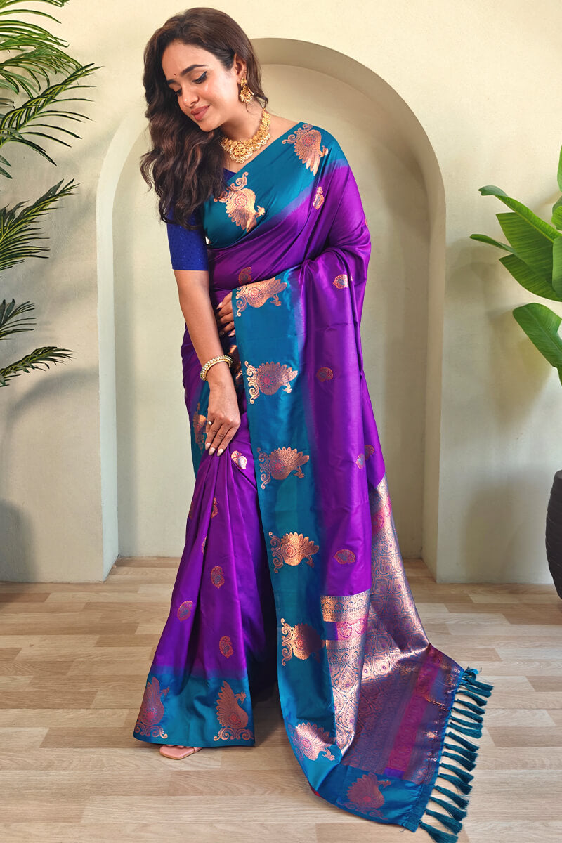 Bucolic Purple Soft Banarasi Silk Saree With Dulcet Blouse Piece