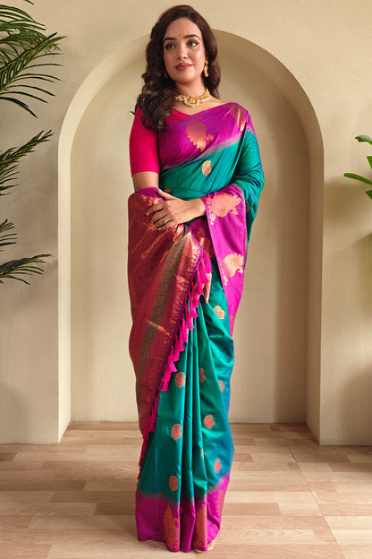 Classic Rama Soft Banarasi Silk Saree With Ethnic Blouse Piece
