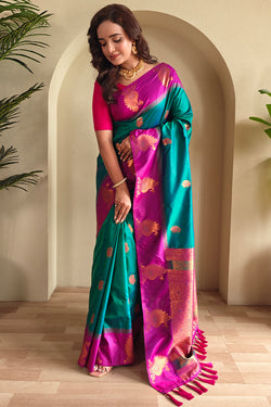 Classic Rama Soft Banarasi Silk Saree With Ethnic Blouse Piece