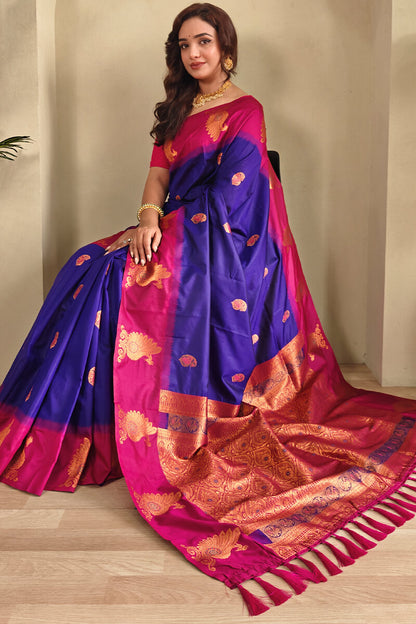 Piquant Royal Blue Soft Banarasi Silk Saree With Nemesis Blouse Piece
