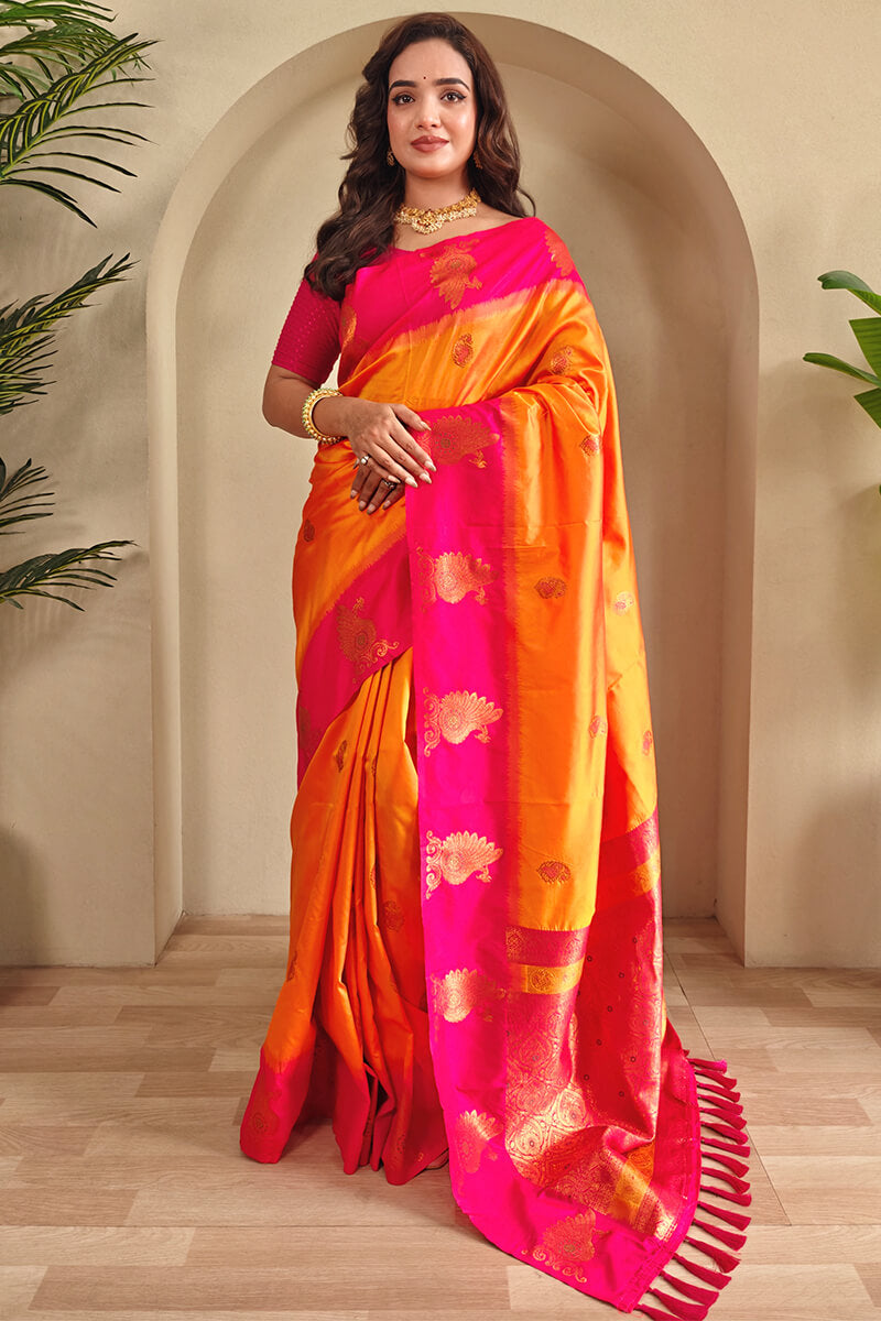 Jazzy Yellow Soft Banarasi Silk Saree With Effulgent Blouse Piece