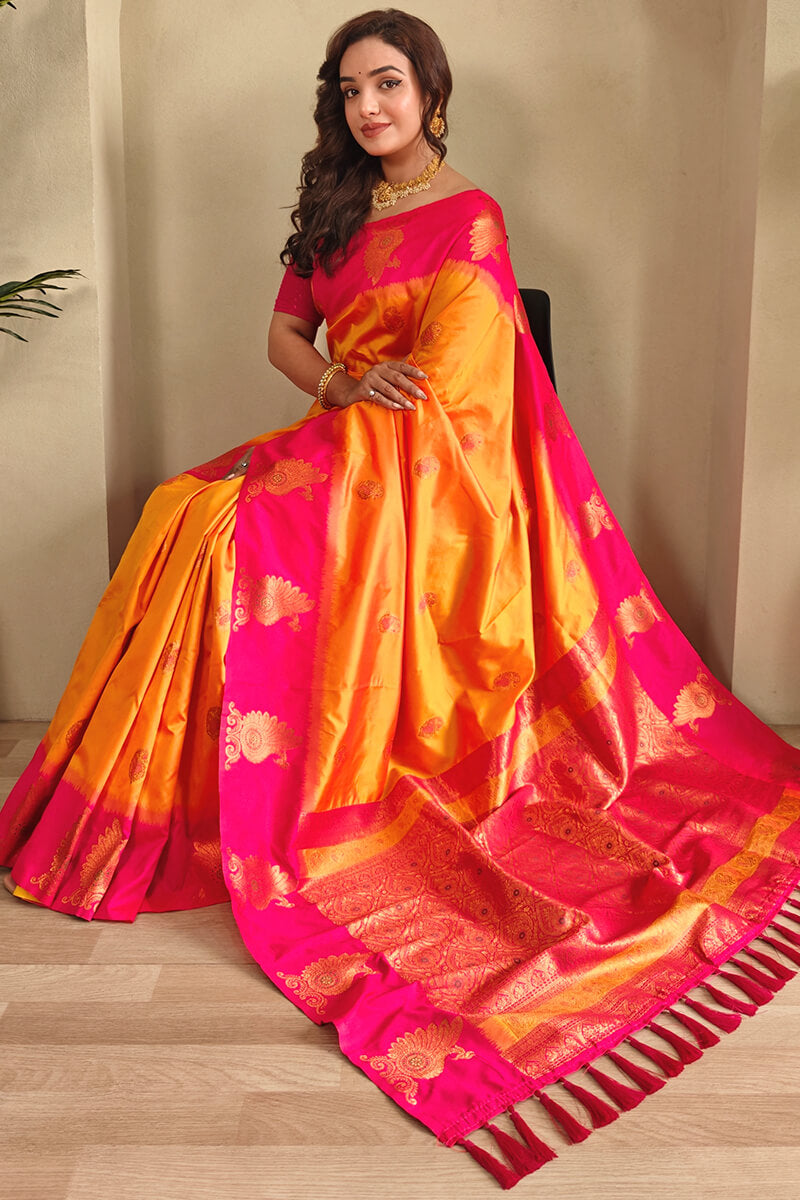 Jazzy Yellow Soft Banarasi Silk Saree With Effulgent Blouse Piece