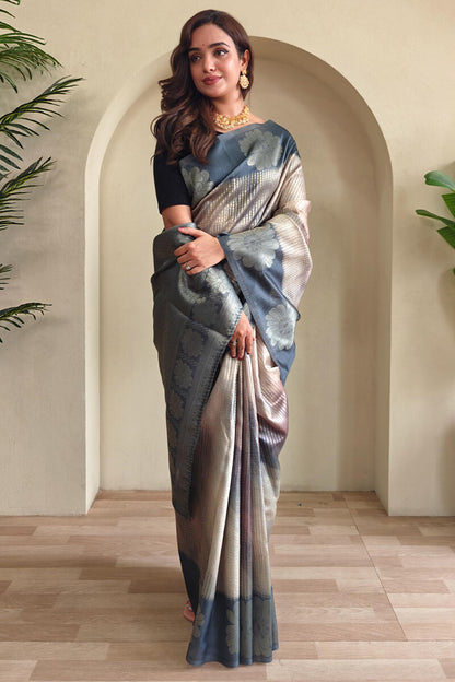 Luxuriant Grey Soft Banarasi Silk Saree With Trendy Blouse Piece