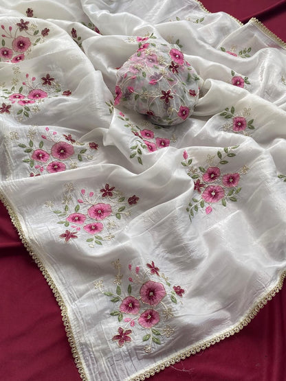 Radiant Off White Handwork Crush Silk Saree With Alluring Blouse Piece