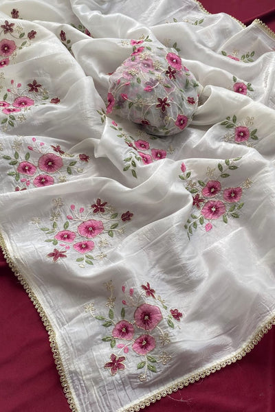 Radiant Off White Handwork Crush Silk Saree With Alluring Blouse Piece