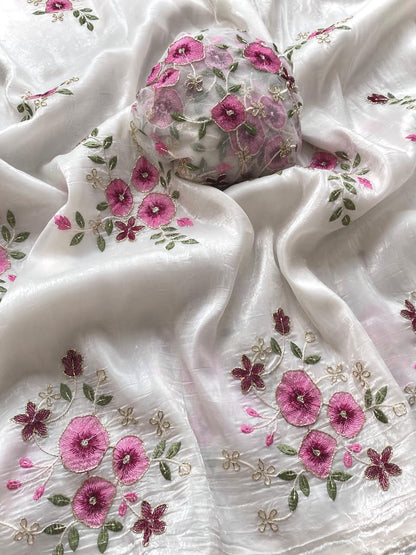 Radiant Off White Handwork Crush Silk Saree With Alluring Blouse Piece