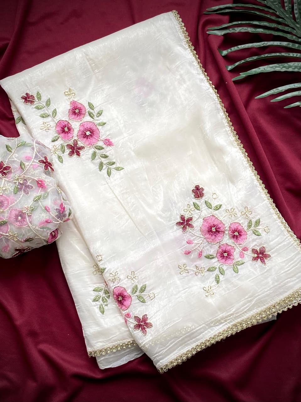 Radiant Off White Handwork Crush Silk Saree With Alluring Blouse Piece