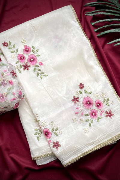 Radiant Off White Handwork Crush Silk Saree With Alluring Blouse Piece