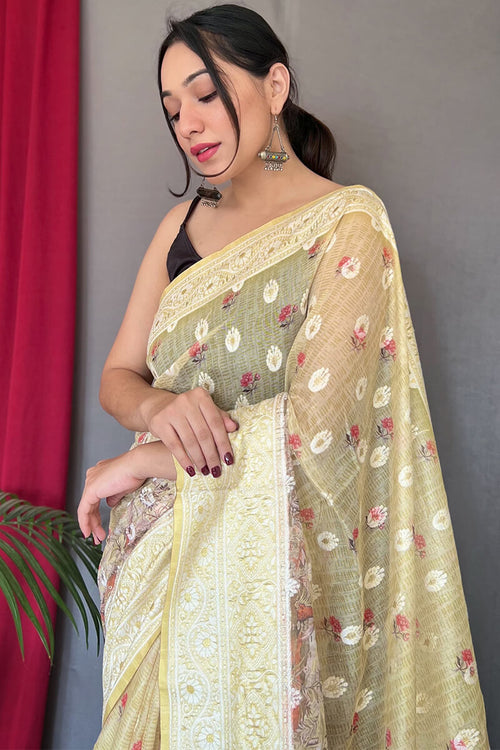 Load image into Gallery viewer, Redolent Yellow Cotton Silk Saree With Luxuriant Blouse Piece
