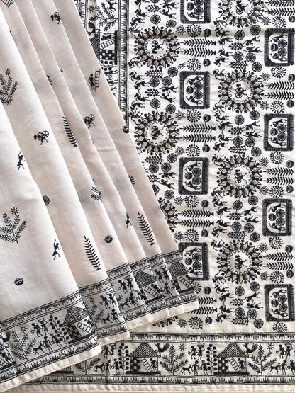 Beguiling Off White Embroidery Work Tussar Silk Saree With Glamorous Blouse Piece