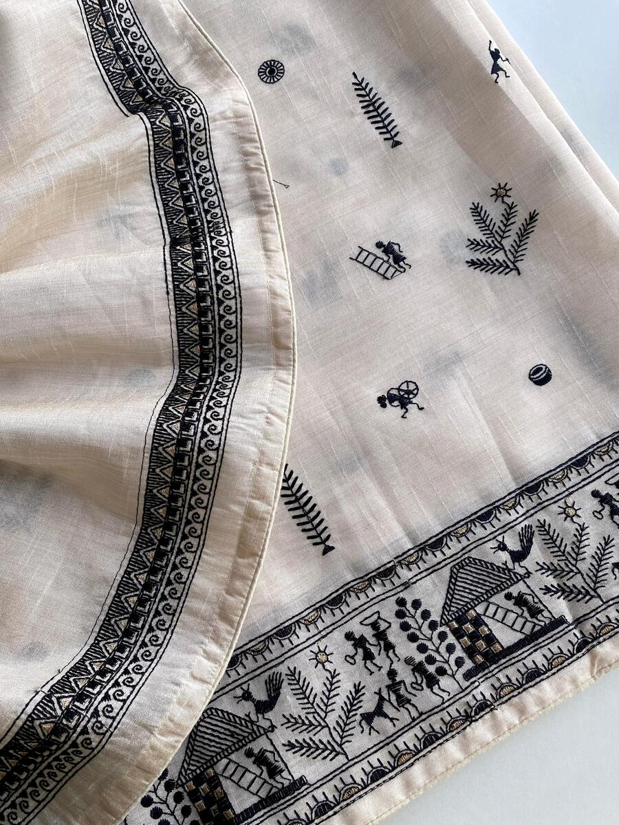 Beguiling Off White Embroidery Work Tussar Silk Saree With Glamorous Blouse Piece