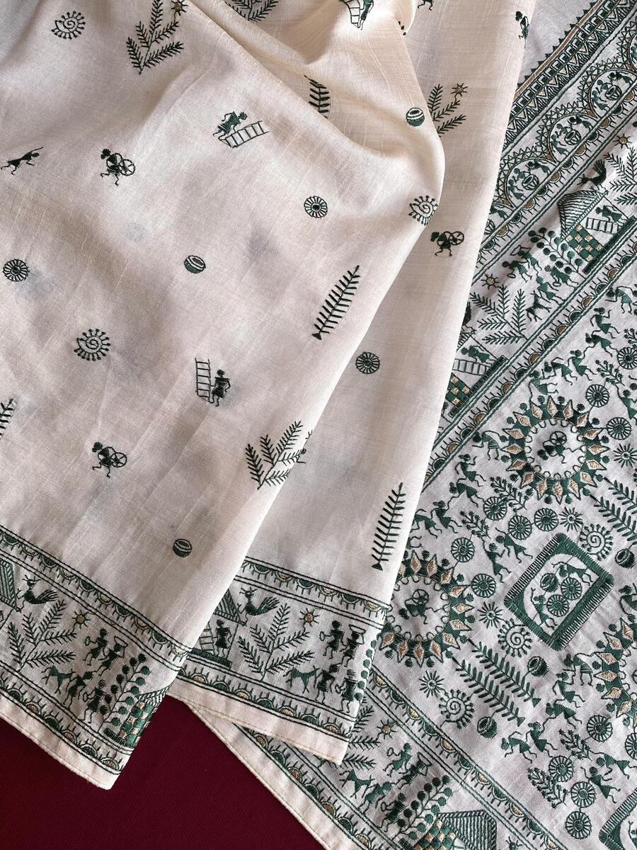 Incomparable Off White Embroidery Work Tussar Silk Saree With Eclat Blouse Piece