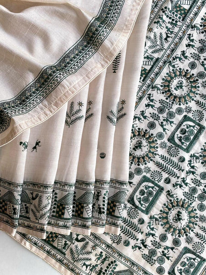 Incomparable Off White Embroidery Work Tussar Silk Saree With Eclat Blouse Piece