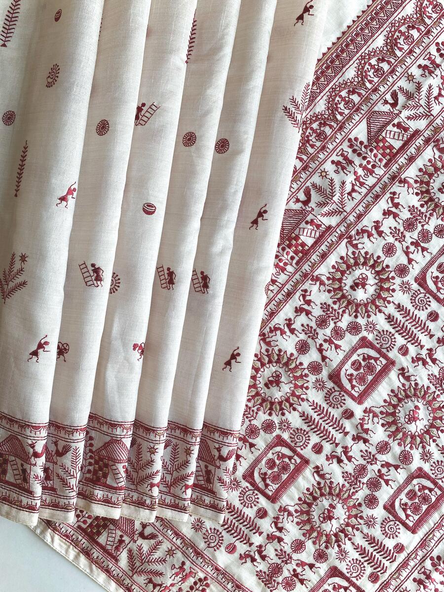 Mesmeric Off White Embroidery Work Tussar Silk Saree With Classic Blouse Piece